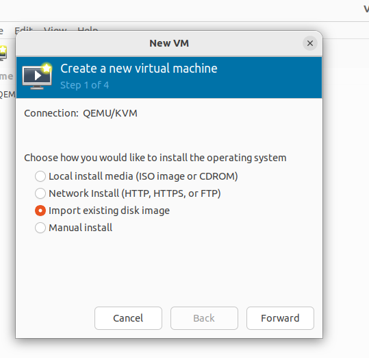 Primeiro passo para criar nova VM no Virtual Machine Manager