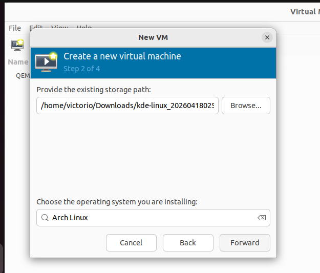 Segundo passo para criar nova VM no Virtual Machine Manager