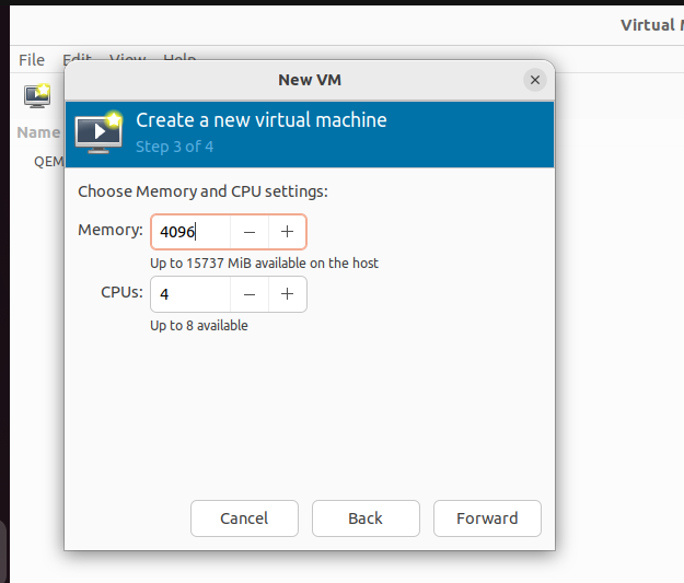 Terceiro passo para criar nova VM no Virtual Machine Manager