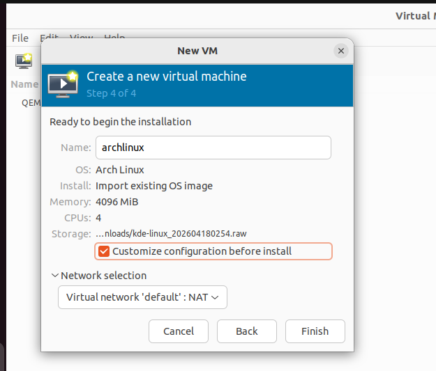 Quarto passo para criar nova VM no Virtual Machine Manager
